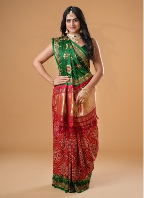 Green & Red Pure Modal Gajji Silk Gharchola Saree