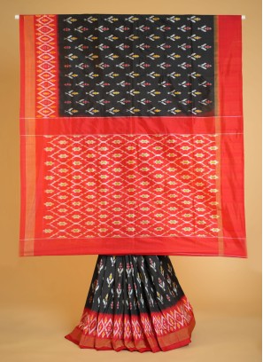 Pure Silk Black And Red Saree With Patola Work