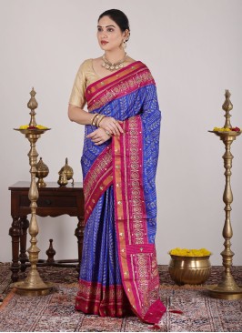 Blue & Rani Patola Woven Pure Silk Saree