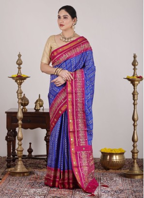 Blue & Rani Patola Woven Pure Silk Saree