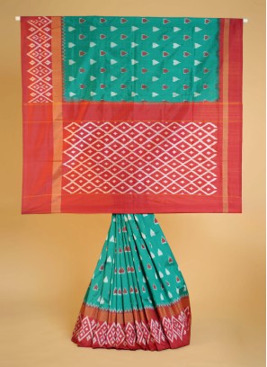 Pure Silk Rama Green And Maroon Patola Saree