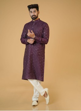 Purple And White Readymade Cotton Silk Kurta Pajama
