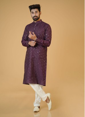 Purple And White Readymade Cotton Silk Kurta Pajama