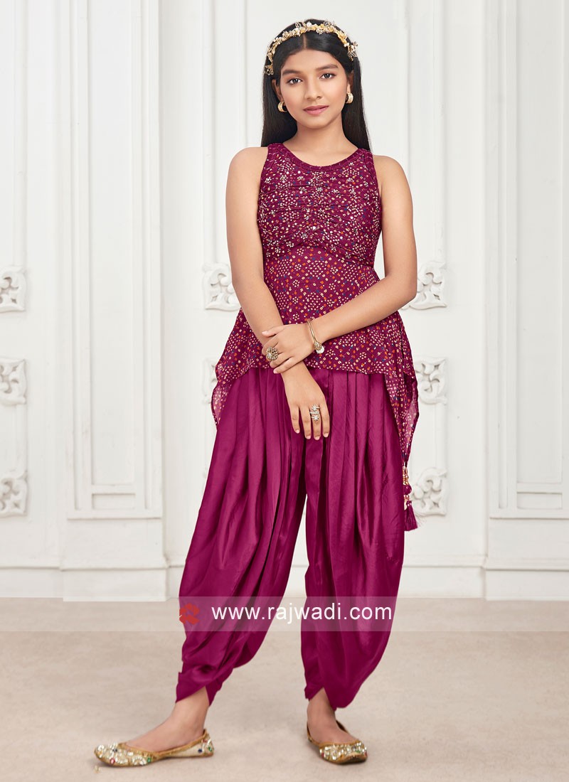 Dark Pink and Yellow Raw Silk Dhoti Style Suit WJ80425