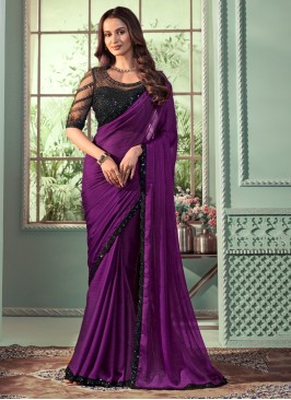 Purple Black Sequins Embellished Georgette Silk Saree