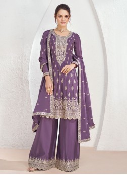 Lilac Embroidered Palazzo Set With Dupatta