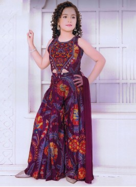 Purple Color Indowestern Style Silk Printed Palazzo Suit
