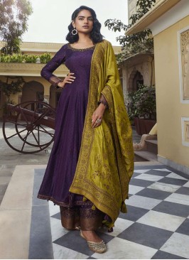 Elegant Purple Silk Palazzo Suit With Mustard Yellow Dupatta