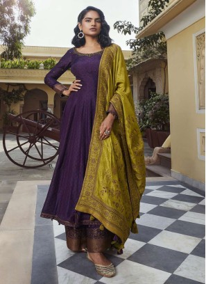 Elegant Purple Silk Palazzo Suit With Mustard Yellow Dupatta