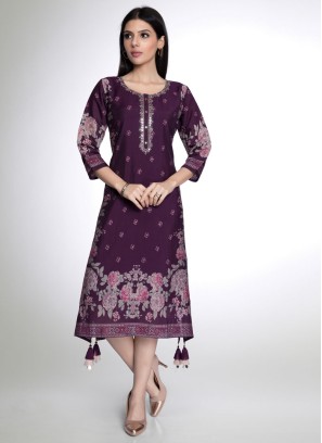 Purple Color Printed Cotton Silk Kurti