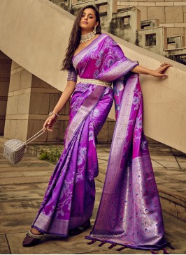 Purple Designer Weaving Embroidered Silk Saree
