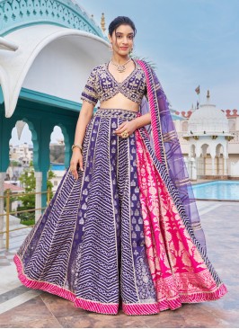 Purple Embroidered Lehenga Set In Silk Fabric
