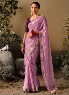 Lilac Embroidered Festive Art Silk Saree