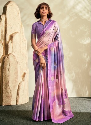 Purple And Cream Khadi Silk Ceremonial Trendy Saree