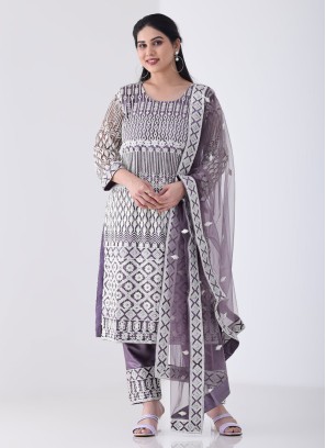 Purple Kurta Pant Set In Net With Resham Embroidery