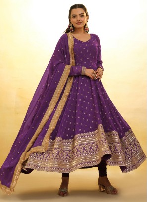 Purple Embroidered Anarkali Dupatta Set For Women