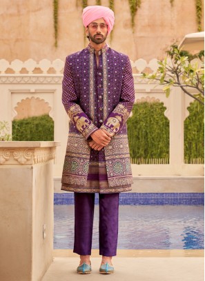 Purple Polyester Viscose Silk Indowestern Fusion Jacket Set