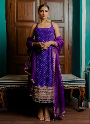 Purple Bandhani Printed Pant Style Suit With Embroidered Dupatta