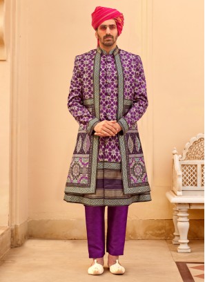 Purple Printed Indowestern Suit With Jacket