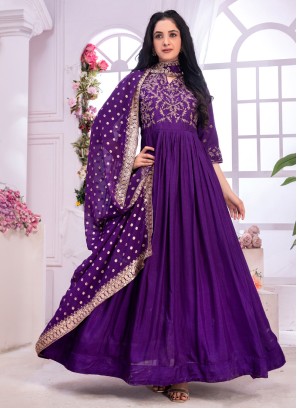 Purple Readymade Silk Anarkali Suit With Embroiderd Dupatta