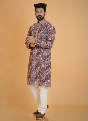 Purple Readymade Silk Printed Kurta Pajama