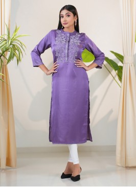 Purple Satin Silk Beads Embroidered Straight Kurti