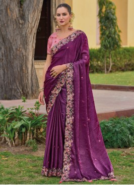 Purple Embroidered Silk Traditional Saree