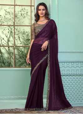 Purple Sequins Embellished Chiffon Silk Saree
