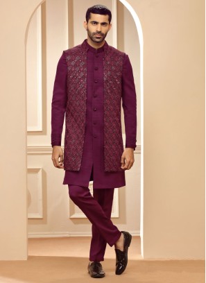 Purple Sequins Embroidered Jacket Style Indowestern Set