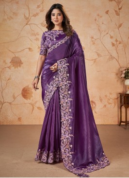 Purple Embroidered Wedding Wear Saree
