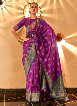 Purple Weaving Handloom Silk Festive Saree