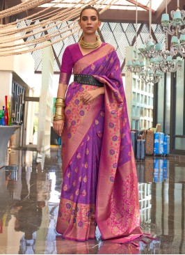 Purple Weaving Handloom Silk Saree