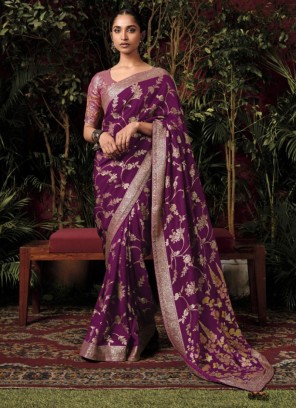 Purple Zari Woven Wedding Wear Dola Silk Saree