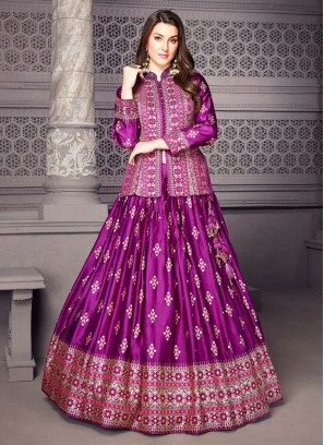 Purple Wedding Wear Silk Lehenga With Fancy Top