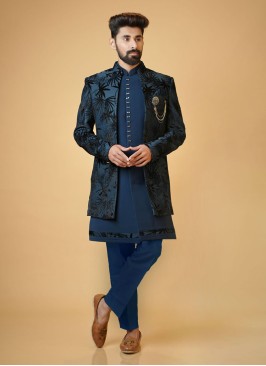 Rama Blue Indowestern Set With Embroidered Detail