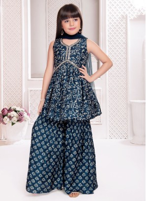 Rama Blue Sharara Suit Set With Batik Print