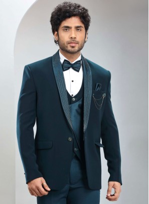Rama Blue Tuxedo Suit With Cutdana Work Detail