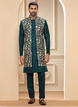 Rama Green Silk Indowestern Set With Embroidered Detail