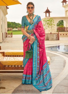 Rani And Blue Silk Patola Printed Saree