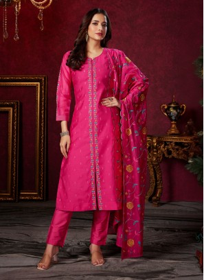 Rani Color Silk Kurti Set With Dupatta