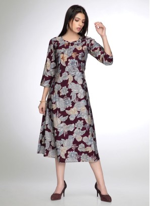 Readymade A-Line Floral Kurti In Wine