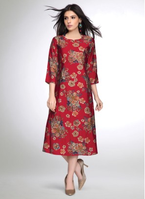 Tomato Red Readymade A-Line Floral Printed Kurti