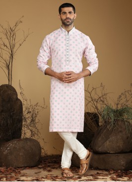 Readymade Baby Pink And Cream Silk Kurta Pajama