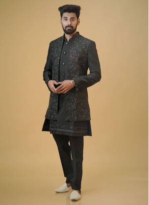 Readymade Black Embroidered Nehru Jacket For Men