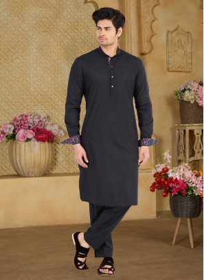 Readymade Black Kurta Pajama In Cotton Silk