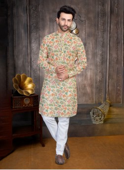 Readymade Cream Colored Printed Kurta Pajama With 