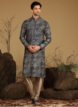 Readymade Dark Blue Color Silk Kurta Pajama