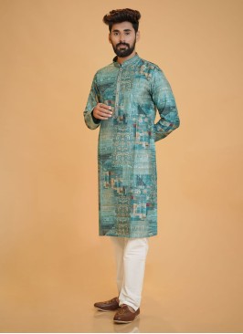 Readymade Fancy Printed Rama Green And White Kurta Pajama