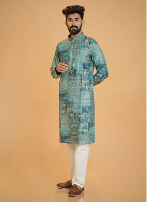 Readymade Fancy Printed Rama Green And White Kurta Pajama
