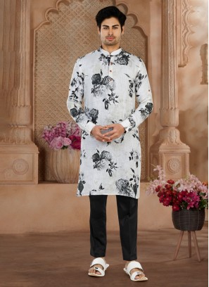 Readymade Floral Printed White And Black Kurta Pajama